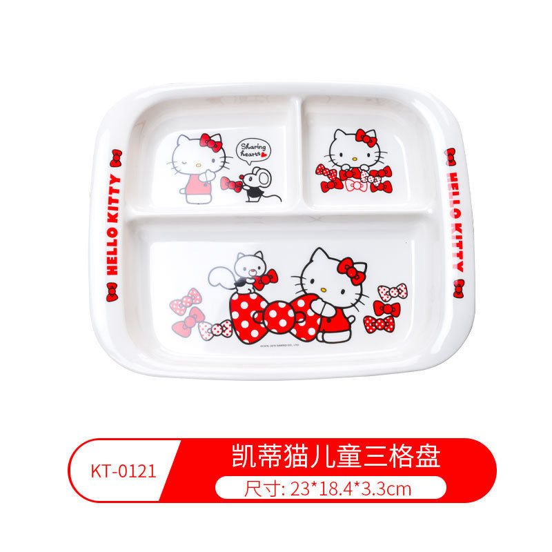 Genuine Sanrio Hello Kitty children's melamine tableware, high appearance level plates, cartoon bowls, plates, cups and tableware 正版三丽鸥凯蒂猫儿童密胺餐具高颜值餐盘卡通碗盘子杯子餐具 - 日式餐具 - Zhongshan Star Trade - 凯蒂猫儿童三格盘KT - 0121