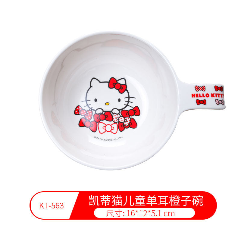 Genuine Sanrio Hello Kitty children's melamine tableware, high appearance level plates, cartoon bowls, plates, cups and tableware 正版三丽鸥凯蒂猫儿童密胺餐具高颜值餐盘卡通碗盘子杯子餐具 - 日式餐具 - Zhongshan Star Trade - 凯蒂猫儿童单耳橙子碗KT - 563