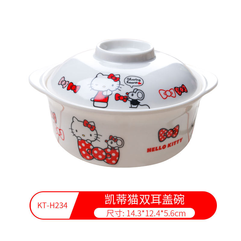 Genuine Sanrio Hello Kitty children's melamine tableware, high appearance level plates, cartoon bowls, plates, cups and tableware 正版三丽鸥凯蒂猫儿童密胺餐具高颜值餐盘卡通碗盘子杯子餐具 - 日式餐具 - Zhongshan Star Trade - 凯蒂猫双耳盖碗KT - H234