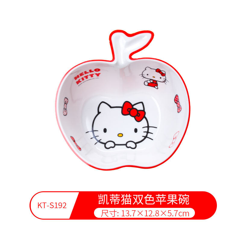 Genuine Sanrio Hello Kitty children's melamine tableware, high appearance level plates, cartoon bowls, plates, cups and tableware 正版三丽鸥凯蒂猫儿童密胺餐具高颜值餐盘卡通碗盘子杯子餐具 - 日式餐具 - Zhongshan Star Trade - 凯蒂猫双色苹果碗KT - S192