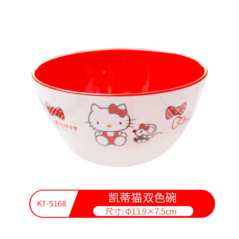 Genuine Sanrio Hello Kitty children's melamine tableware, high appearance level plates, cartoon bowls, plates, cups and tableware 正版三丽鸥凯蒂猫儿童密胺餐具高颜值餐盘卡通碗盘子杯子餐具 - 日式餐具 - Zhongshan Star Trade - 凯蒂猫双色碗KT - S168