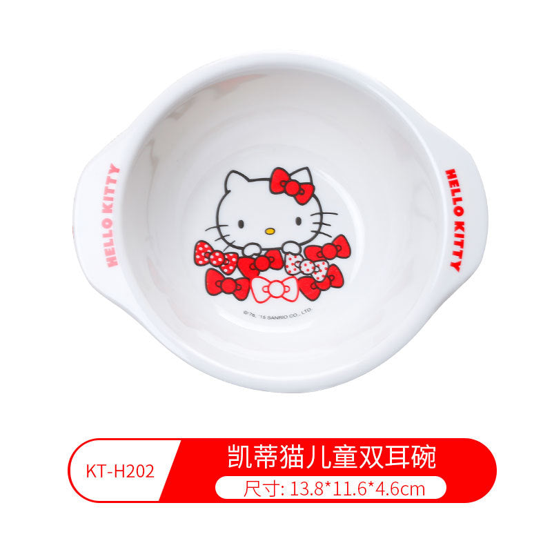 Genuine Sanrio Hello Kitty children's melamine tableware, high appearance level plates, cartoon bowls, plates, cups and tableware 正版三丽鸥凯蒂猫儿童密胺餐具高颜值餐盘卡通碗盘子杯子餐具 - 日式餐具 - Zhongshan Star Trade - 凯蒂猫儿童双耳碗KT - H202