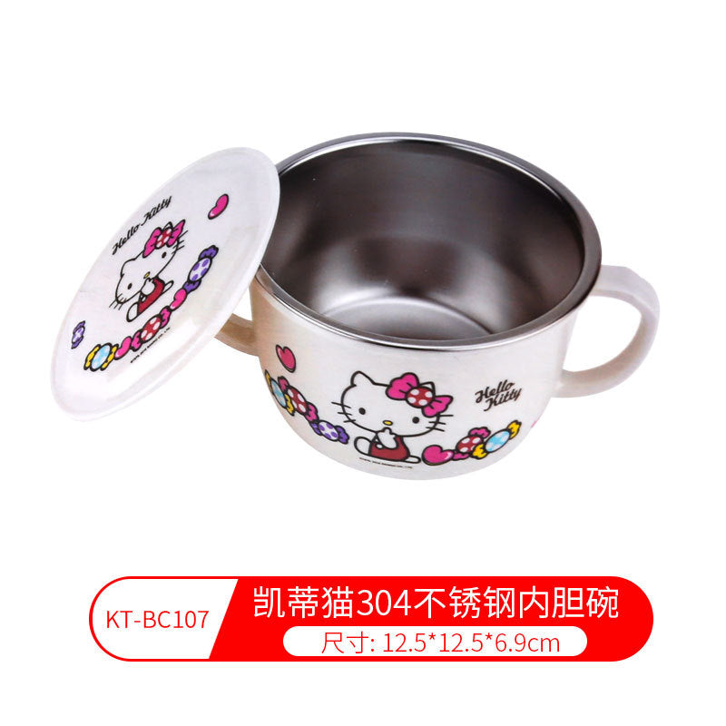 Genuine Sanrio Hello Kitty children's melamine tableware, high appearance level plates, cartoon bowls, plates, cups and tableware 正版三丽鸥凯蒂猫儿童密胺餐具高颜值餐盘卡通碗盘子杯子餐具 - 日式餐具 - Zhongshan Star Trade - 凯蒂猫304不锈钢内胆碗KT - BC107