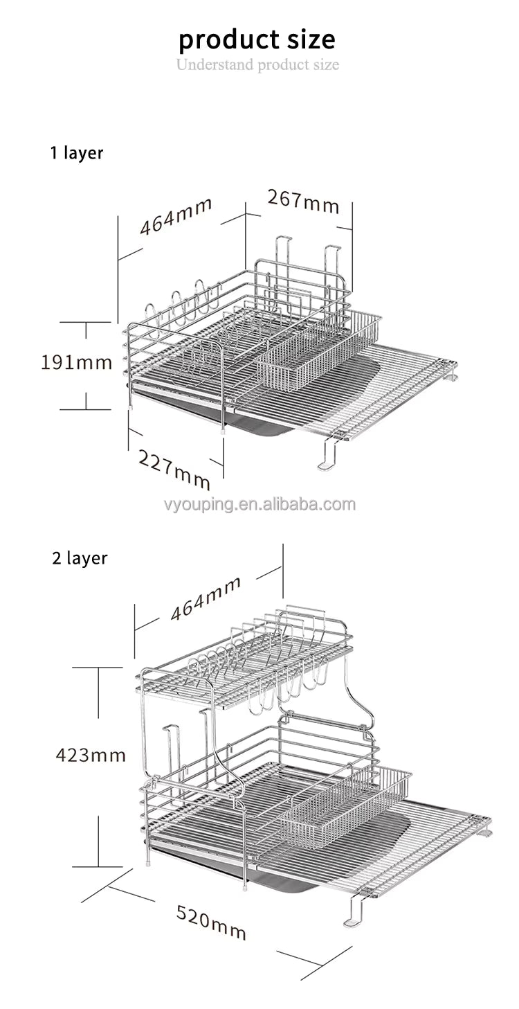 Sink tableware organizer, expandable bowl, plate and cup drainage storage rack, 304 stainless steel kitchen countertop stand