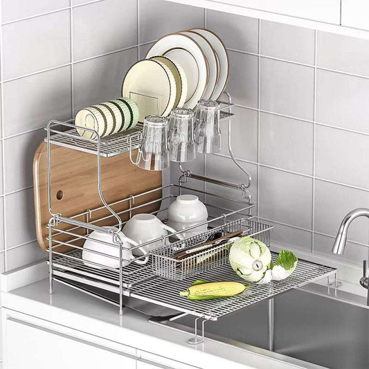 Sink tableware organizer, expandable bowl, plate and cup drainage storage rack, 304 stainless steel kitchen countertop stand
