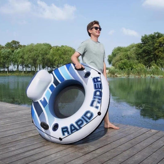 Inflatable floating lounge: Comfortable backrest - Built - in cup holder - Durable handle - all - round grip rope - 220 - pound load - bearing capacity - blue充气浮动休息室:舒适的靠背 – 内置杯架 – 耐用的把手 – 全方位抓绳 – 220 磅承重能力 – 蓝色 - 水上玩具 - Zhongshan Star Trade