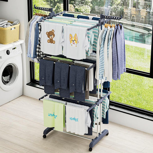 Clothes drying rack, super large 3 - layer (170cm high) foldable stainless steel clothes drying rack for clothing, movable clothes drying rack with 4 casters, 24 clothes drying rods and 14 hooks, for bed sheets, clothes, gray - 折叠式多功能晾衣架 - Zhongshan Star Trade