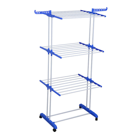 Folding clothes drying rack, clothing 4 - layer clothes rack, stainless steel laundry clothes drying rack with grey wings on both sides 晾衣架折叠晾衣架服装 4 层衣架不锈钢洗衣晾衣架带两侧翼灰色 - 折叠式多功能晾衣架 - Zhongshan Star Trade - Blue - 19管