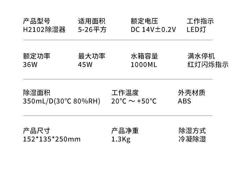 Household dehumidifier 1000ML water tank with automatic shut-off function, suitable for 5 to 26 square meters portable small