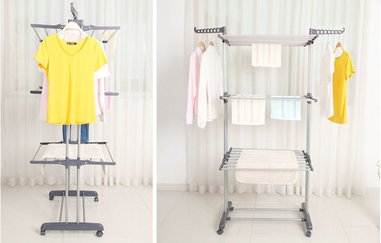 Clothes drying rack, super large 3 - layer (170cm high) foldable stainless steel clothes drying rack for clothing, movable clothes drying rack with 4 casters, 24 clothes drying rods and 14 hooks, for bed sheets, clothes, gray - 折叠式多功能晾衣架 - Zhongshan Star Trade