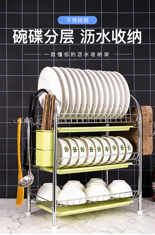 Kitchen drain rack, 304 stainless steel bowl rack, storage rack, countertop three-layer drain rack, tableware storage rack -