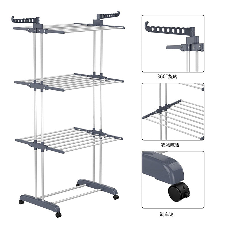 Clothes drying rack, super large 3 - layer (170cm high) foldable stainless steel clothes drying rack for clothing, movable clothes drying rack with 4 casters, 24 clothes drying rods and 14 hooks, for bed sheets, clothes, gray - 折叠式多功能晾衣架 - Zhongshan Star Trade