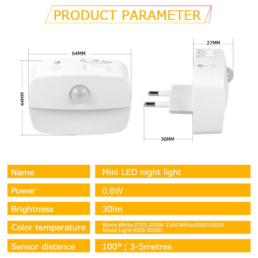 Intelligent human body sensor plug-in night light LED infrared sensor room staircase corridor light PIR night light