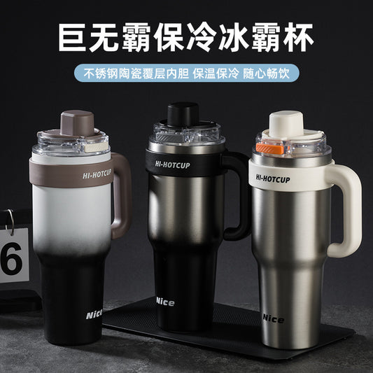 Giant large-capacity insulated ice cup, portable ceramic inner liner straw cup for men, one-click quick-opening insulated cup