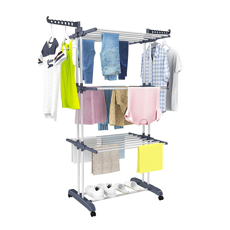 Clothes drying rack, super large 3 - layer (170cm high) foldable stainless steel clothes drying rack for clothing, movable clothes drying rack with 4 casters, 24 clothes drying rods and 14 hooks, for bed sheets, clothes, gray - 折叠式多功能晾衣架 - Zhongshan Star Trade