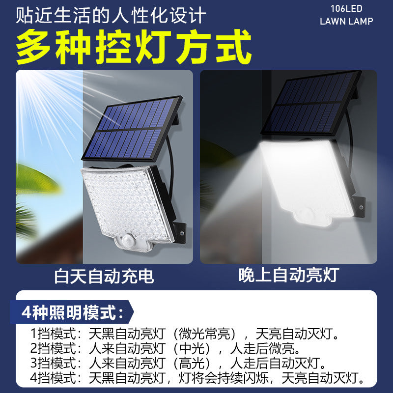 Solar outdoor light 2835LM 106 LED safety light, with remote control, IP65 waterproof, 180° wide-angle floodlight wall lamp, with 4 modes