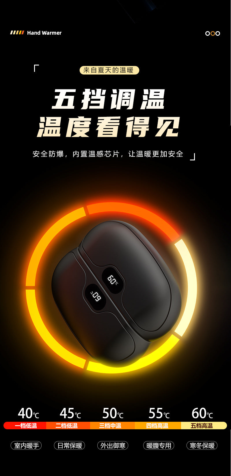Magnetic hand warmer, USB charging, detachable hand warmer, digital temperature display portable heater