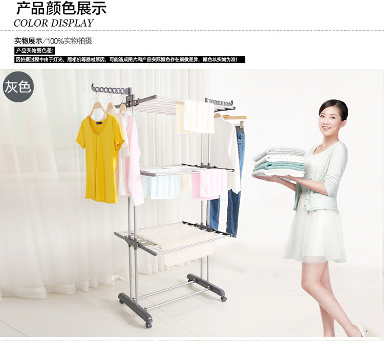 Clothes drying rack, super large 3 - layer (170cm high) foldable stainless steel clothes drying rack for clothing, movable clothes drying rack with 4 casters, 24 clothes drying rods and 14 hooks, for bed sheets, clothes, gray - 折叠式多功能晾衣架 - Zhongshan Star Trade