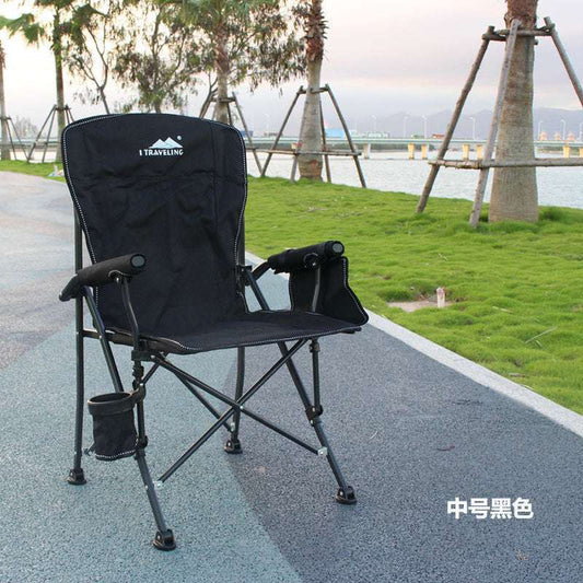 Portable camping chair with upholstered seats and backrests with side pockets and cup holders, including handbags, perfect for camping, trailing, fire pits, terraces and more便携式露营椅,带侧袋和杯架的软垫座椅和靠背,包括手提包,非常适合露营、尾随、火坑、露台等 - 户外折叠椅 - Zhongshan Star Trade - Black - 中号 - 实布