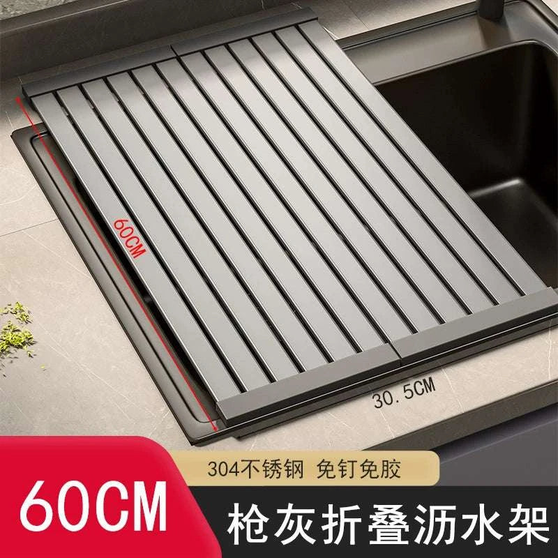 Sink draining rack, 304 stainless steel foldable bowl rack, storage rack, gun grey kitchen countertop storage water filter pa