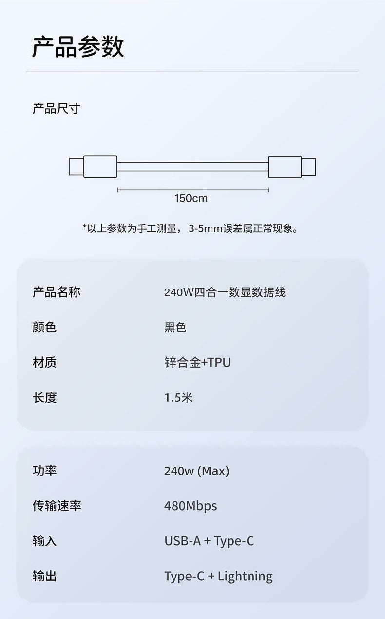 240w four-in-one braided digital display super fast charging cable, 1.5-meter extended, suitable for Apple and Android Type-C data cable Zhongshan Star Trade