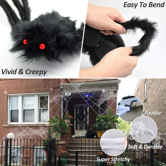 7m Halloween spider web + 150cm giant spider decoration, a fake spider with a huge triangular spider web, suitable for indoor and outdoor Halloween decorations, yard home costumes, party haunted house decorations - 万圣节装饰品 - Zhongshan Star Trade