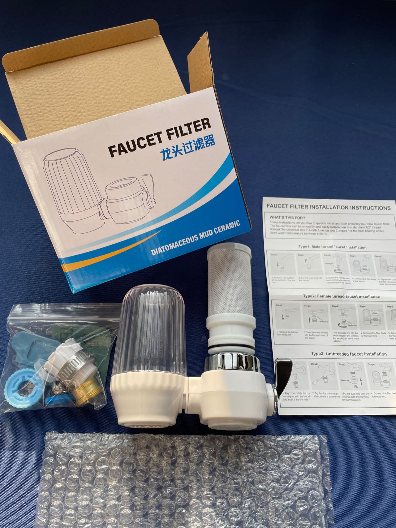 Pre-filter for kitchen faucet with anti-splash water function, made of ceramic activated carbon, for direct drinking water purification.