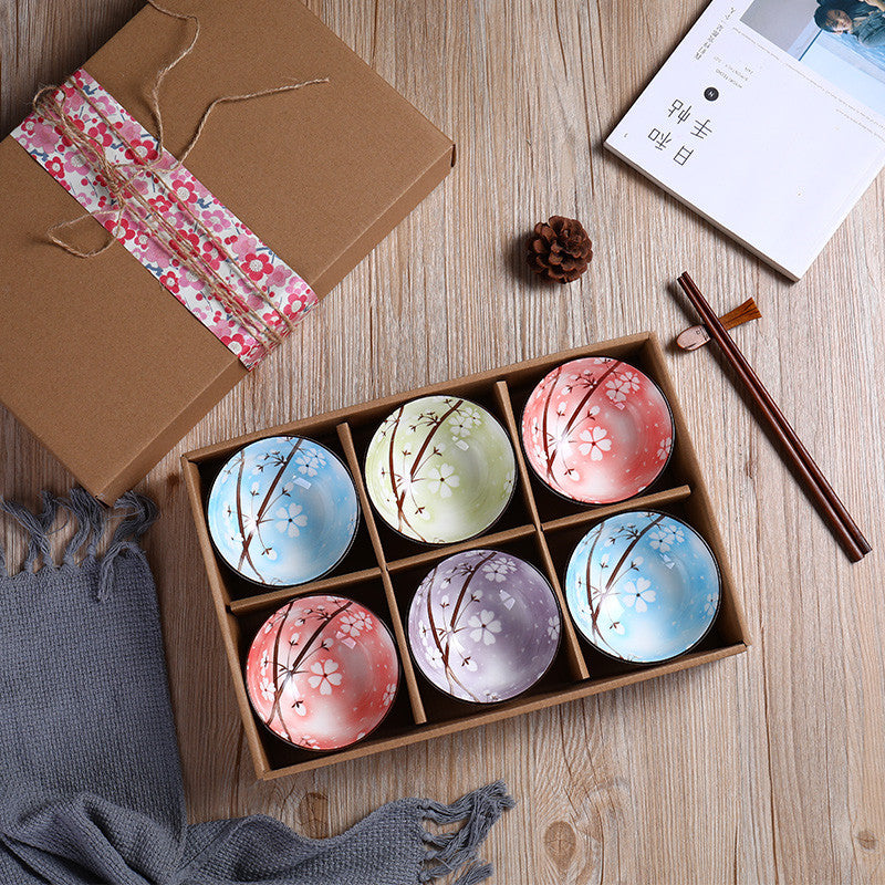 Ceramic rice bowls, cherry blossom bowl gift set, assorted colored tableware bowls, suitable for rice, cereal, noodles, soup, desserts, 6 - piece set (cherry blossom) 陶瓷饭碗 ，樱花碗礼品套装，什锦彩色餐具碗，用于米饭、麦片、面条、汤、甜点，6 件装（樱花） - 日式餐具 - Zhongshan Star Trade - 日式樱花6碗