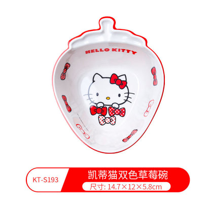 Genuine Sanrio Hello Kitty children's melamine tableware, high appearance level plates, cartoon bowls, plates, cups and tableware 正版三丽鸥凯蒂猫儿童密胺餐具高颜值餐盘卡通碗盘子杯子餐具 - 日式餐具 - Zhongshan Star Trade - 凯蒂猫双色草莓碗KT - S193