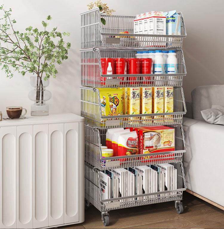 Multi-layered floor-standing household fruit, vegetable and snack storage rack, multi-functional living room trolley