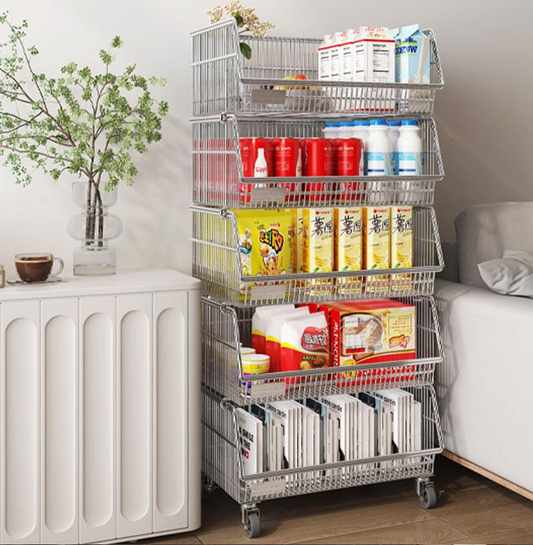 Multi-layered floor-standing household fruit, vegetable and snack storage rack, multi-functional living room trolley