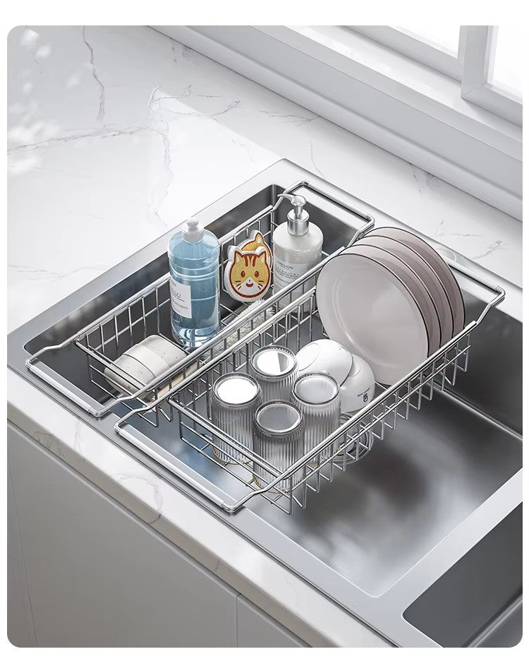 304 stainless steel sink draining basket, extendable kitchen sink, draining basket for bowls, plates, vegetables and fruits -