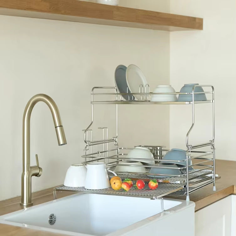 Sink tableware organizer, expandable bowl, plate and cup drainage storage rack, 304 stainless steel kitchen countertop stand 