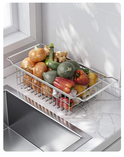 304 stainless steel sink draining basket, extendable kitchen sink, draining basket for bowls, plates, vegetables and fruits -