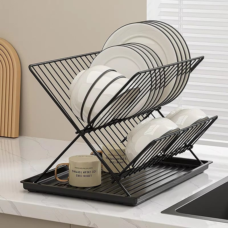 X-shaped draining bowl rack, foldable, thickened, double-layer large draining rack, countertop kitchen dish storage rack - Im