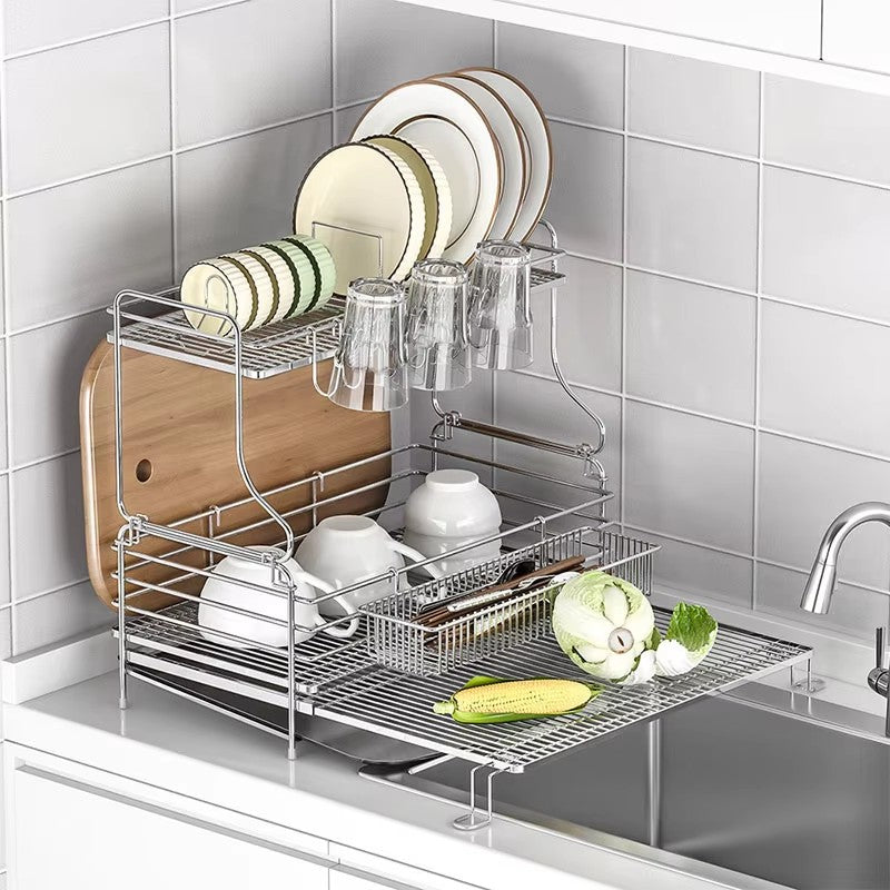 Sink tableware organizer, expandable bowl, plate and cup drainage storage rack, 304 stainless steel kitchen countertop stand 