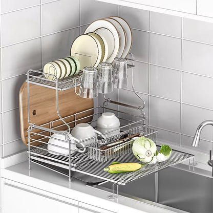 Sink tableware organizer, expandable bowl, plate and cup drainage storage rack, 304 stainless steel kitchen countertop stand 