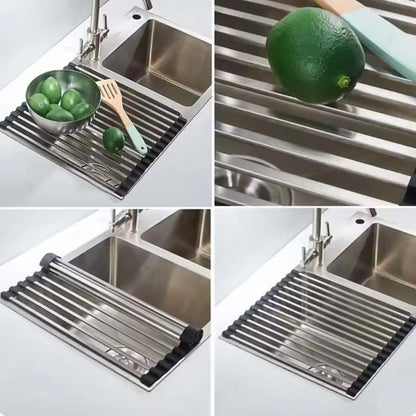304 stainless steel kitchen sink drain rack square tube dish rack folding fruit vegetable dish filter rack - Image 8