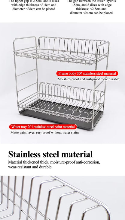 Kitchen drain rack, 304 stainless steel bowl rack, storage rack, countertop double-layer drain rack, tableware storage rack -