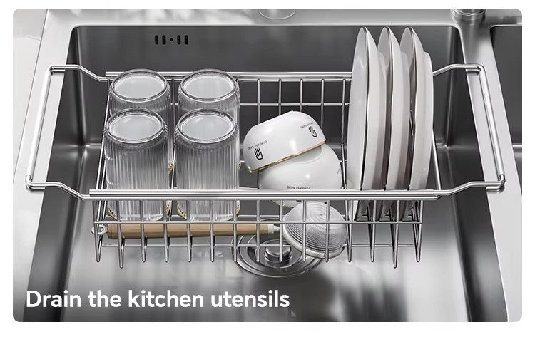 304 stainless steel sink draining basket, extendable kitchen sink, draining basket for bowls, plates, vegetables and fruits -