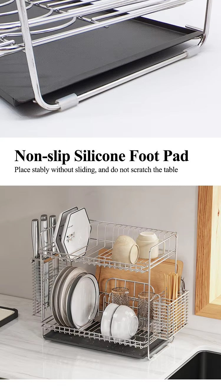 Kitchen drain rack, 304 stainless steel bowl rack, storage rack, countertop double-layer drain rack, tableware storage rack -