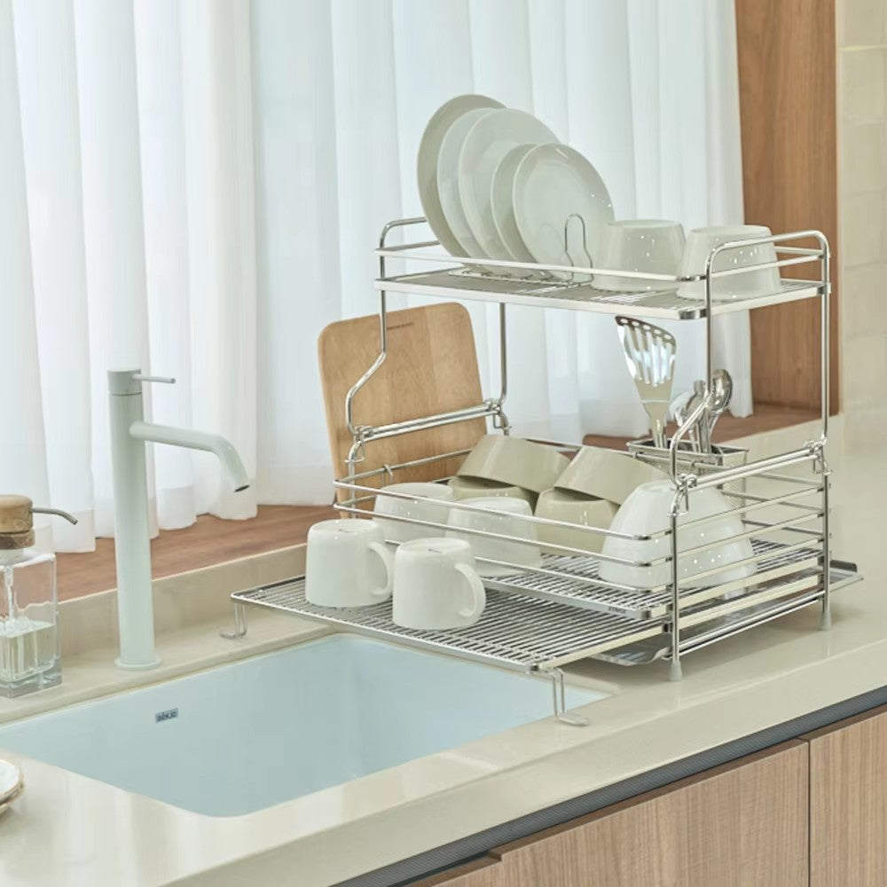 Sink tableware organizer, expandable bowl, plate and cup drainage storage rack, 304 stainless steel kitchen countertop stand 