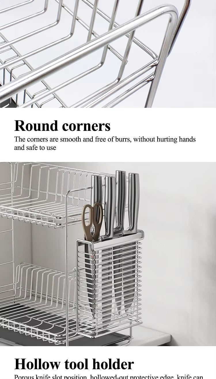 Kitchen drain rack, 304 stainless steel bowl rack, storage rack, countertop double-layer drain rack, tableware storage rack -