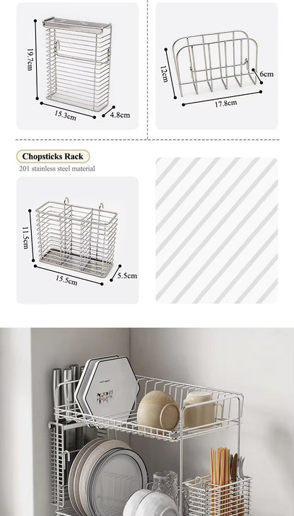 Kitchen drain rack, 304 stainless steel bowl rack, storage rack, countertop double-layer drain rack, tableware storage rack -