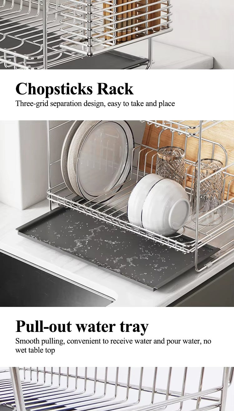 Kitchen drain rack, 304 stainless steel bowl rack, storage rack, countertop double-layer drain rack, tableware storage rack -
