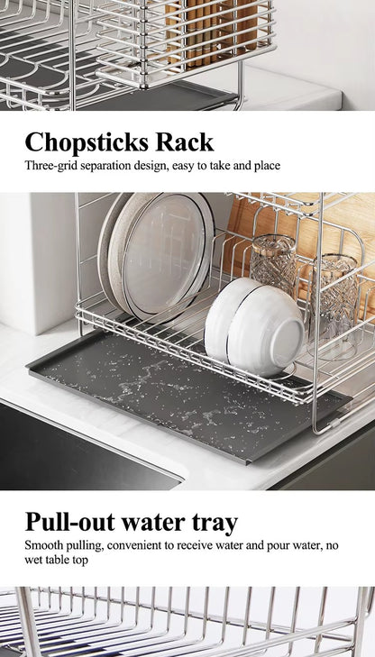 Kitchen drain rack, 304 stainless steel bowl rack, storage rack, countertop double-layer drain rack, tableware storage rack -