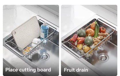 304 stainless steel sink draining basket, extendable kitchen sink, draining basket for bowls, plates, vegetables and fruits -