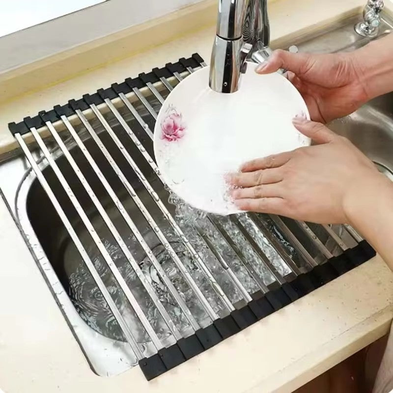 304 stainless steel kitchen sink drain rack square tube dish rack folding fruit vegetable dish filter rack - Image 4