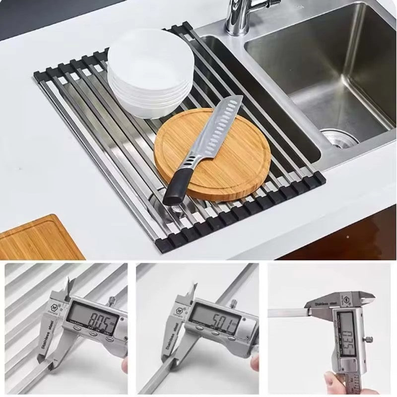 304 stainless steel kitchen sink drain rack square tube dish rack folding fruit vegetable dish filter rack - Image 6