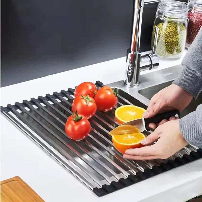 304 stainless steel kitchen sink drain rack square tube dish rack folding fruit vegetable dish filter rack - Image 7